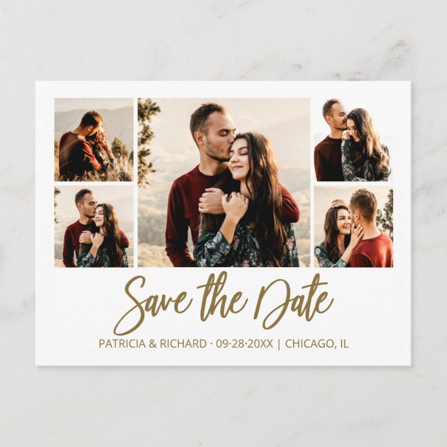 Modern Script Wedding Save The Date Photo Collage Postcard (Front)