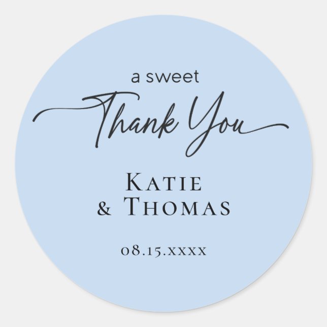 Modern Script Wedding Thank You Favour Blue Sticke Classic Round Sticker (Front)