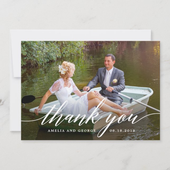 Modern Script Wedding Thank You Photo Card (Front)