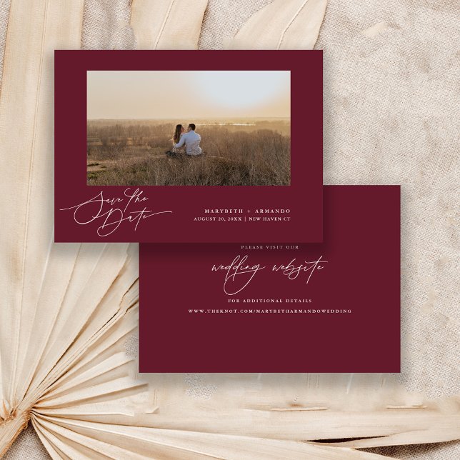 Modern Script Wedding Website Burgundy Photo   Save The Date (Creator Uploaded)