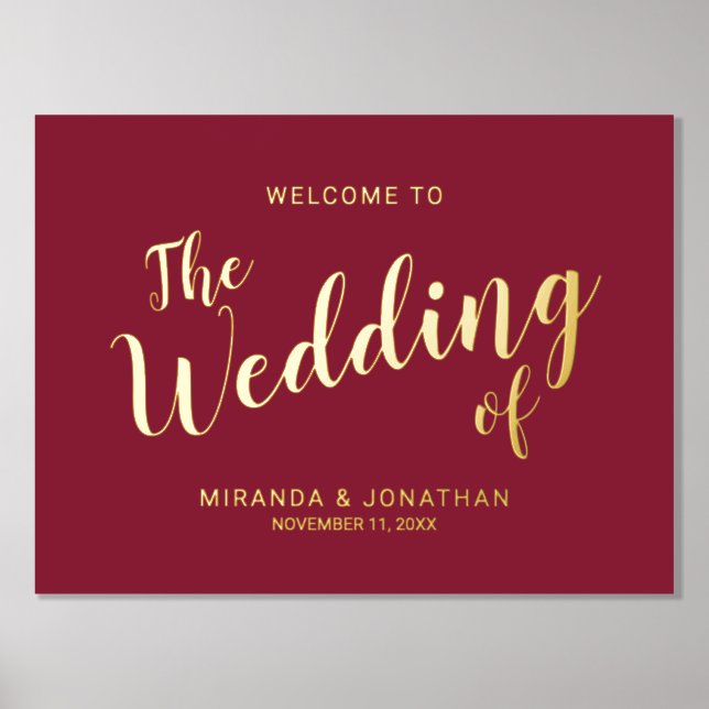 Modern Script Wedding Welcome Burgundy and Gold Foil Prints (Front)