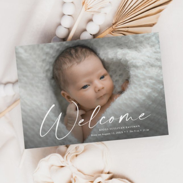 Modern Script Welcome Baby Photo Birth Details Thank You Card (Creator Uploaded)