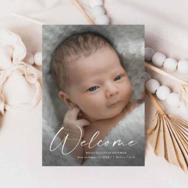 Modern Script Welcome Baby Photo Birth Details Thank You Card (Creator Uploaded)