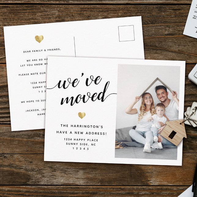 Modern Script We've Moved Gold Heart Photo Moving Announcement Postcard (We've moved! Cute modern photo moving announcement )