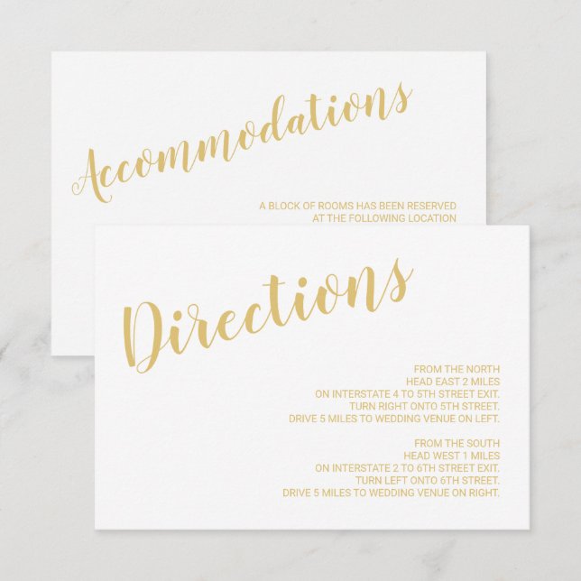 Modern Script White and Gold Wedding Details Invitation (Front/Back)
