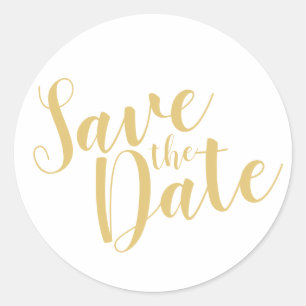 Modern Script White and Gold Wedding Save the Date Classic Round Sticker