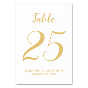 Modern Script White and Gold Wedding Table Number