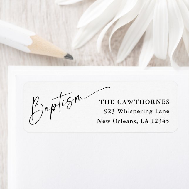 Modern Script White Baptism Return Address (Insitu)