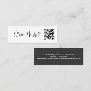 Modern Script White Black Minimalist QR CODE Mini Business Card