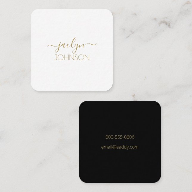 Modern Script White Gold Black Personalised Name Square Business Card (Front/Back)