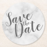 Modern Script White Marble Wedding Save the Date Round Paper Coaster<br><div class="desc">Modern Script Wedding Save the Date Paper Coaster
features title in grey modern script font on white marble background.</div>