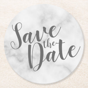 Modern Script White Marble Wedding Save the Date Round Paper Coaster