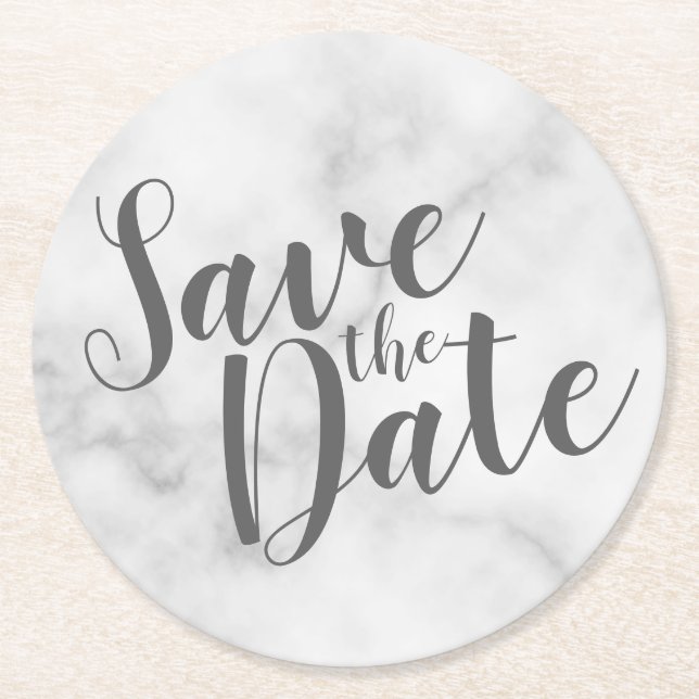 Modern Script White Marble Wedding Save the Date Round Paper Coaster (Front)