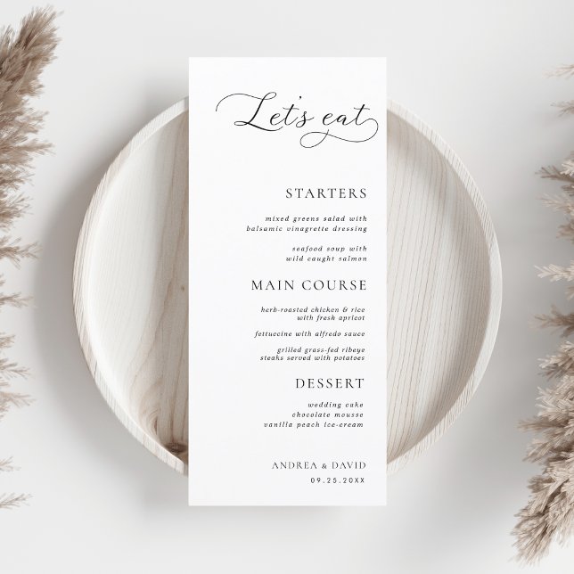 Modern Script White Minimalist Let's Eat Wedding   Menu (Creator Uploaded)