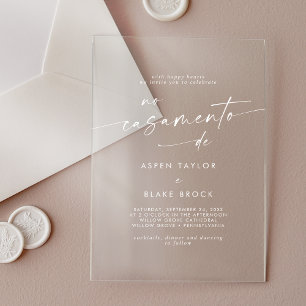 Modern Script White Portuguese Wedding Acrylic Invitations