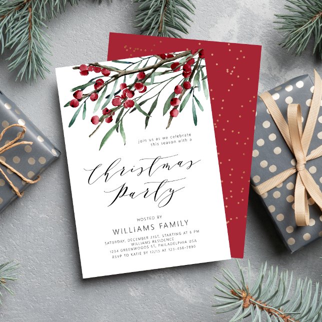 Modern Script Winter Berries Christmas Party Invitation (Creator Uploaded)