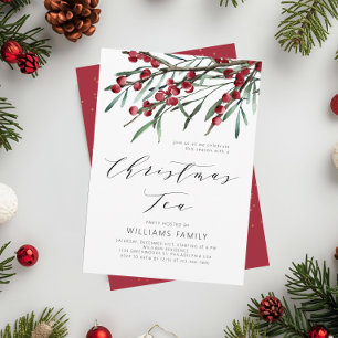Modern Script Winter Berries Christmas Tea Invitation