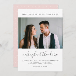 Modern Script with Dots and Photo Blush Wedding Invitation