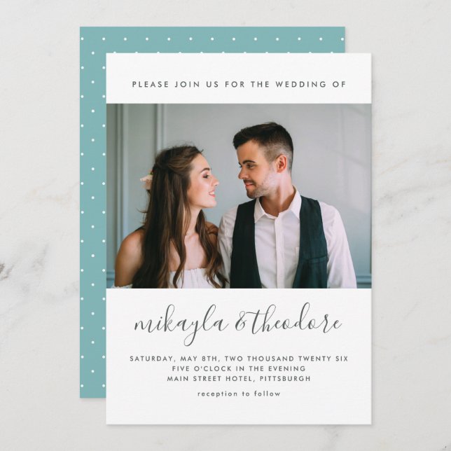 Modern Script with Dots and Photo Wedding Invitation (Front/Back)