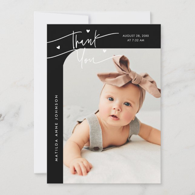 Modern Script with Heart Black Photo Birth Announcement (Front)