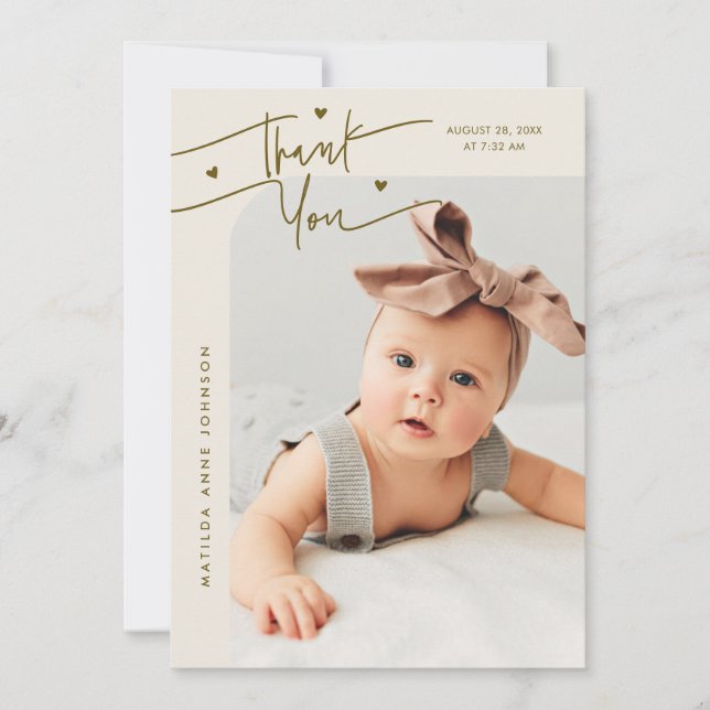 Modern Script with Heart Cream Photo Birth Announcement (Front)