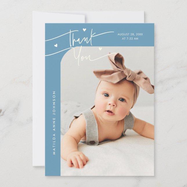 Modern Script with Heart Denim Blue Photo Birth Announcement (Front)