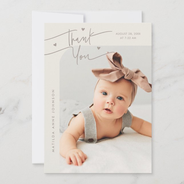 Modern Script with Heart Greige Photo Birth Announcement (Front)