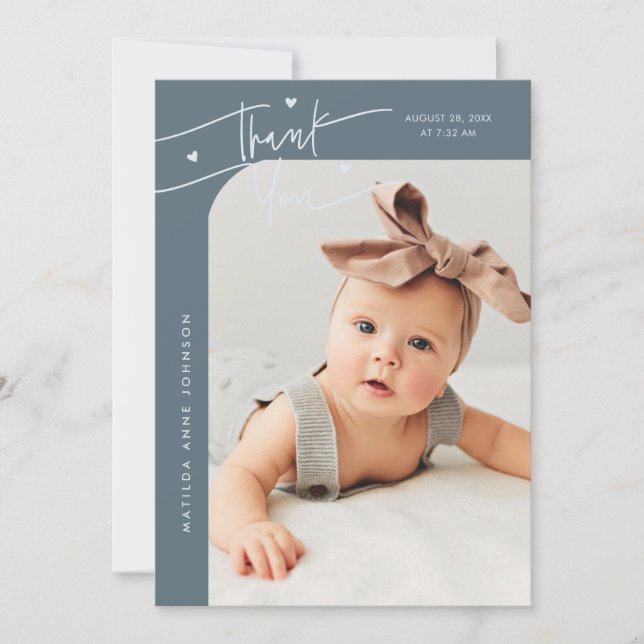 Modern Script with Heart Slate Blue Photo Birth Announcement (Front)