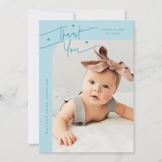 Modern Script with Heart Turquoise Photo Birth Announcement (Front)