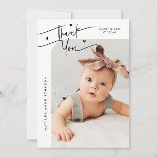 Modern Script with Heart White Photo Birth Announcement