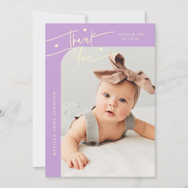Modern Script with Heart Wisteria Photo Birth Announcement (Front)