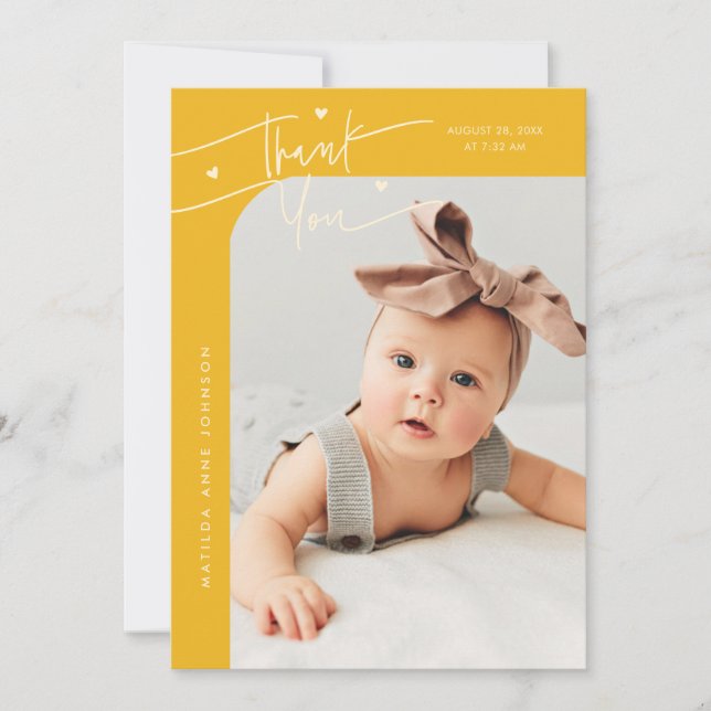 Modern Script with Heart Yellow Photo Birth Announcement (Front)