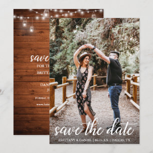 Modern Script Wood Jar Lights Save The Date Card