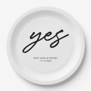 Modern Script Yes Engagement Wedding Party Paper Plate