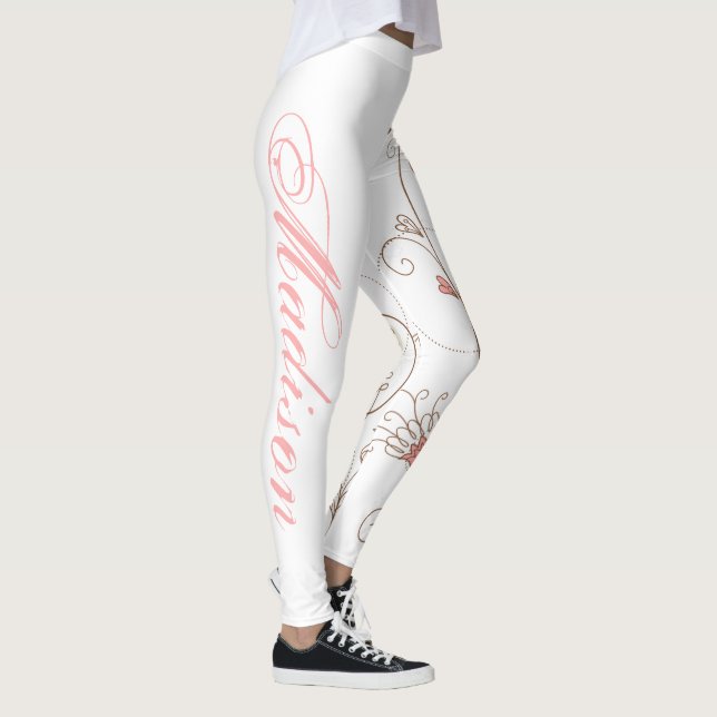 Modern Scroll Hearts Tan Pink Add Name Leggings (Right)