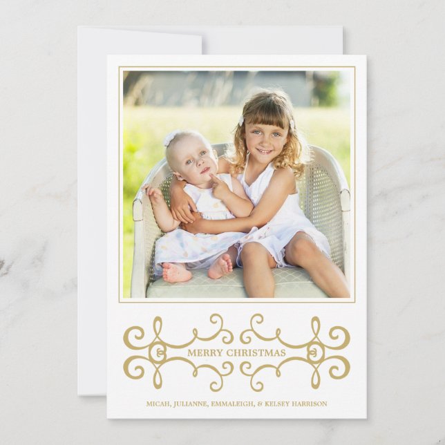 Modern Scrolls Faux Gold Foil Dots White Holiday Card (Front)