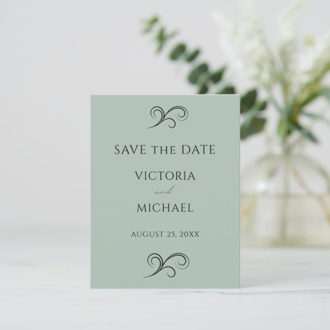 Modern Scrolls Minimalist Green Wedding Save The Date (Standing Front)
