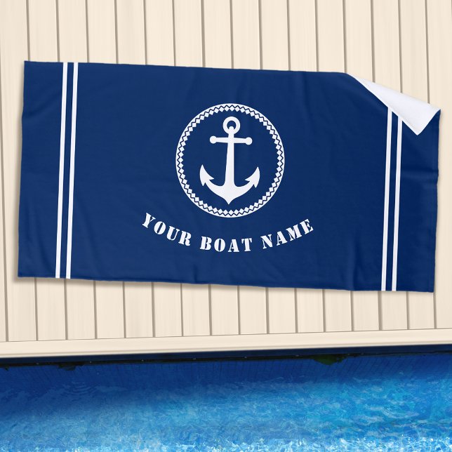 Modern Sea Anchor with Boat Name Navy Blue Beach Towel (Creator Uploaded)