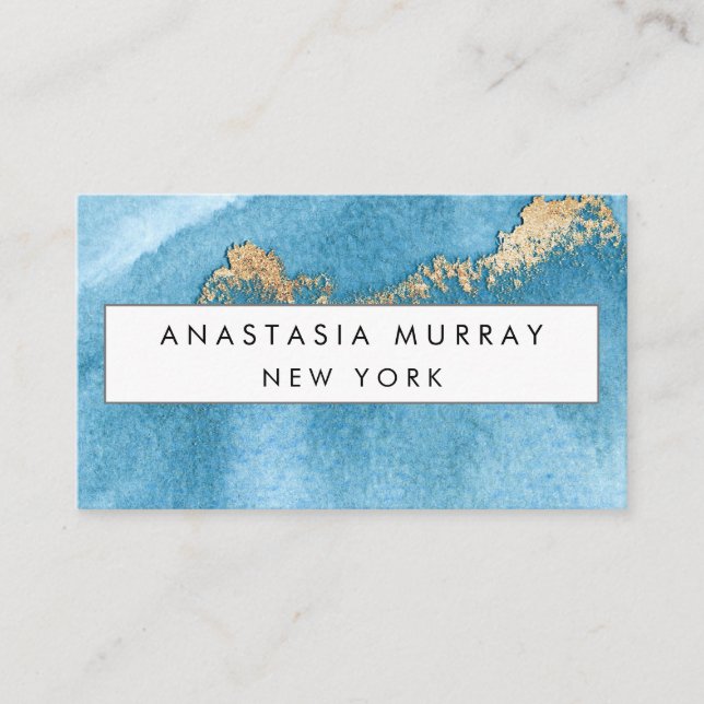 Modern Sea Blue and Gold Glitter Minimalist Luxury Business Card (Front)