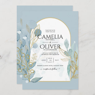 Modern Sea Glass Aqua Gold Leaves Wedding Invite