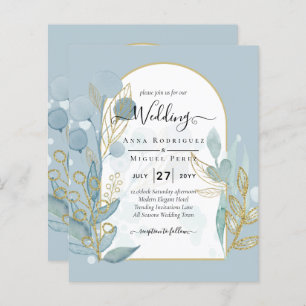 Modern Sea Glass Aqua Gold Leaves Wedding Invite