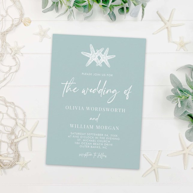 Modern Sea Glass Starfish Beach Script Wedding Invitation (Creator Uploaded)
