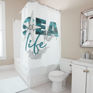 Modern sea life aqua teal blue typography starfish shower curtain