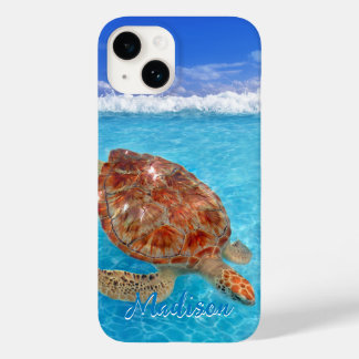 Modern Sea Turtle Blue Beach Personalised Case-Mate iPhone 14 Case