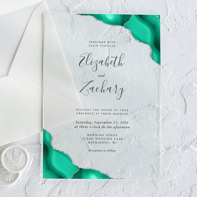 Modern Seafoam Green Silver Agate Corners Wedding Acrylic Invitations (Creator Uploaded)