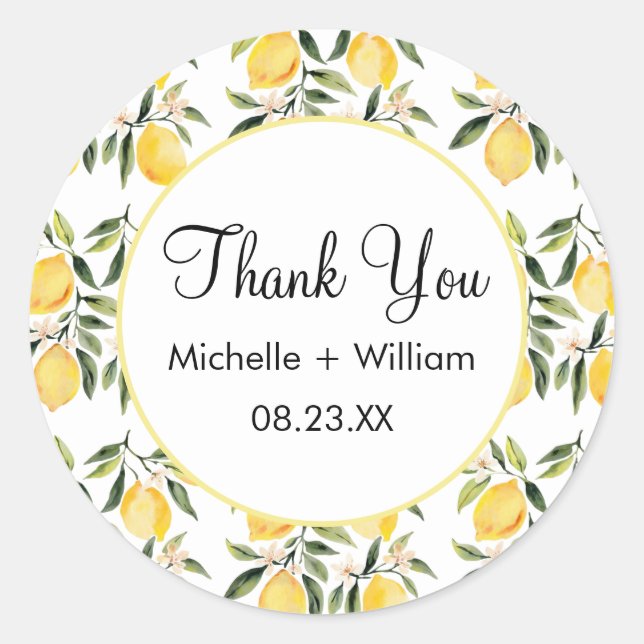 Modern Seamless Pattern Watercolor Wedding Lemon   Classic Round Sticker (Front)