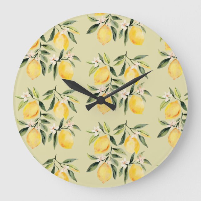 Modern Seamless Pattern Watercolor Yellow Lemon Large Clock (Front)