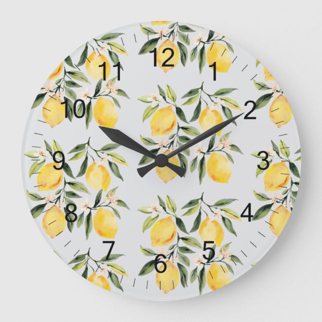 Modern Seamless Pattern Watercolor Yellow Lemon Large Clock (Front)