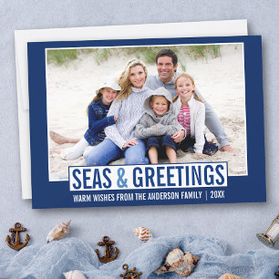 Modern Seas and Greetings Family Photo Blue Holiday Card