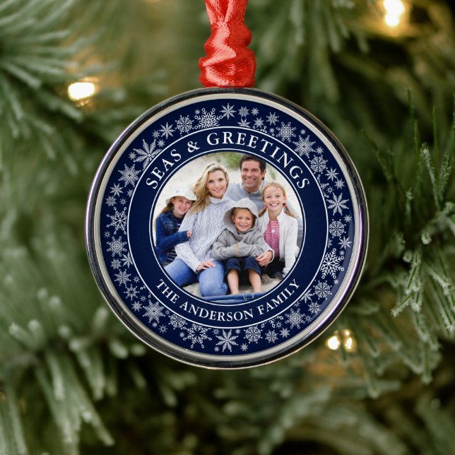 Modern Seas and Greetings Photo Snowflakes Blue  Metal Tree Decoration (Tree)